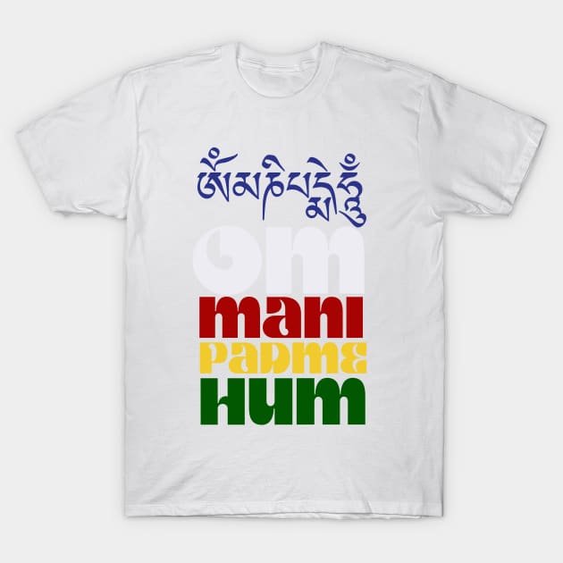 Om Mani Padme Hum Buddhist Mantra Tibetan and English T-Shirt by TammyWinandArt